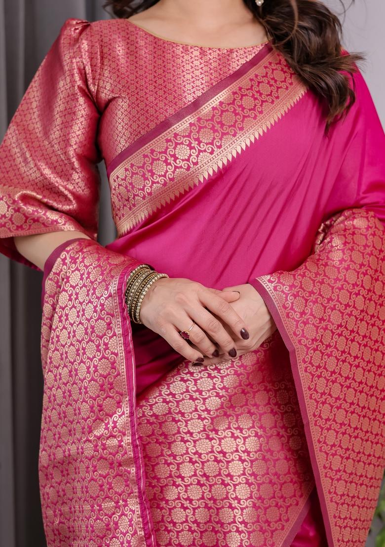 Pink Zari Work Silk Blend Saree Set - Indya
