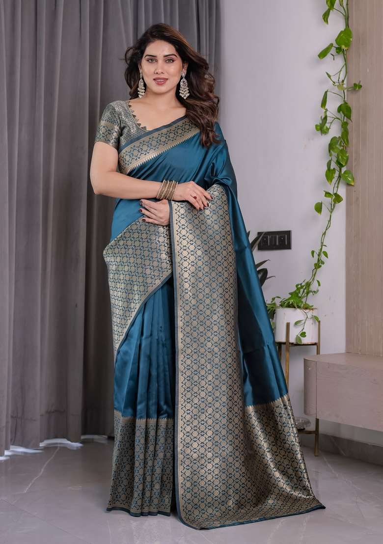 Blue Zari Work Silk Blend Saree Set for Diwali and Festive Wear - Indya