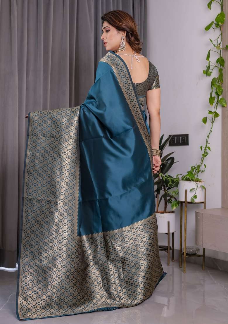 Blue Zari Work Silk Blend Saree Set for Diwali and Festive Wear - Indya