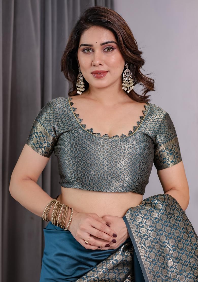 Blue Zari Work Silk Blend Saree Set - Indya