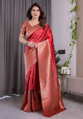 Red Zari Work Silk Blend Saree Set