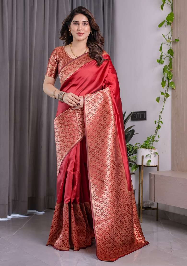 Red Silk Blend Saree Set with Zari Work for Diwali | Wedding & Festive Wear - Indya