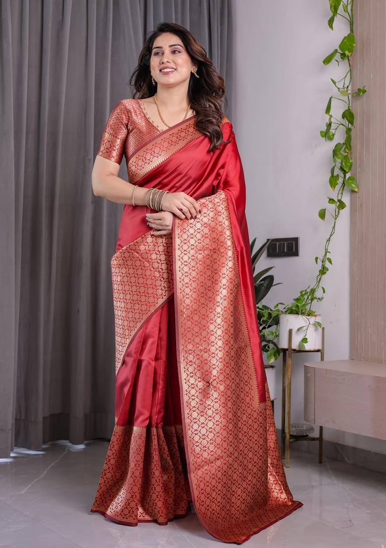 Red Zari Work Silk Blend Saree Set - Indya