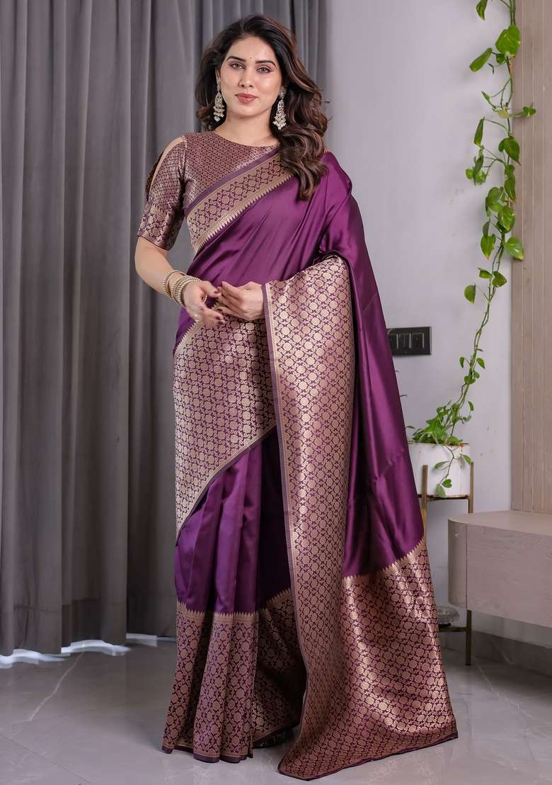 Wine Silk Blend Saree Set with Zari Work for Diwali | Wedding & Festive Wear - Indya