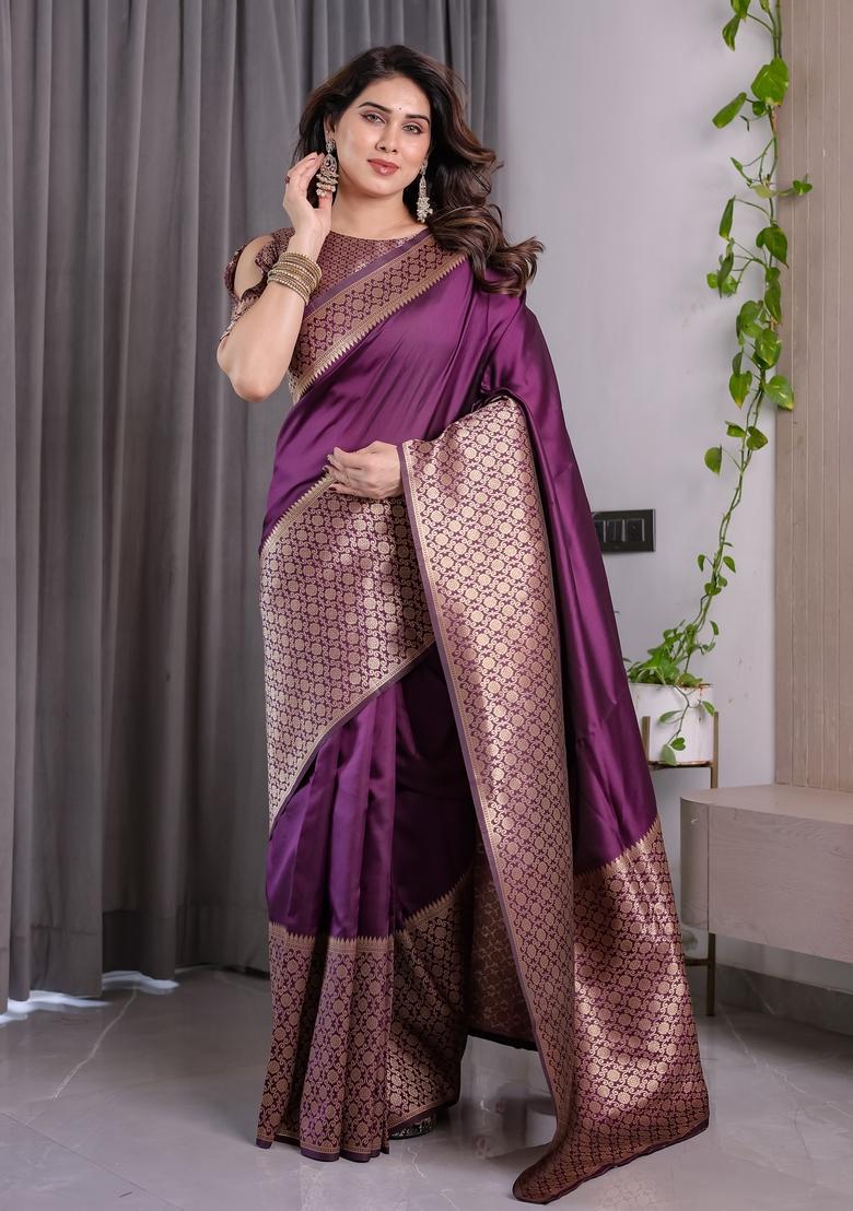 Wine Zari Work Silk Blend Saree Set - Indya