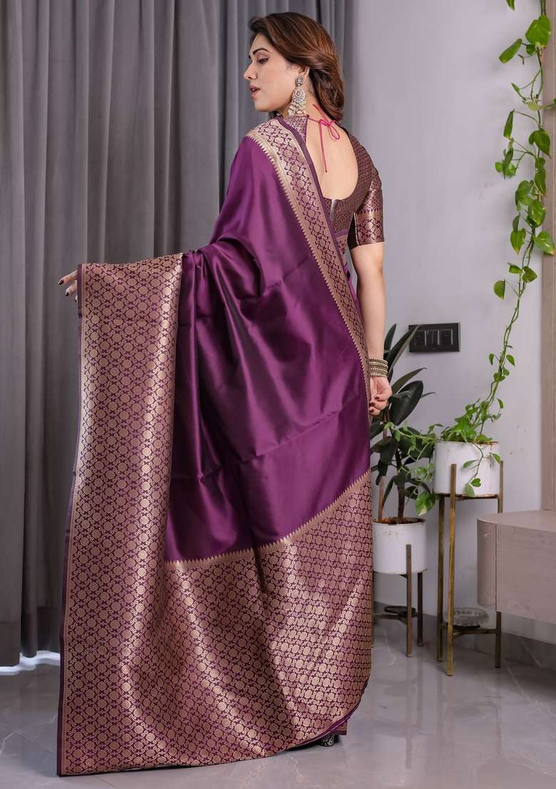 Wine Silk Blend Saree Set with Zari Work for Diwali | Wedding & Festive Wear - Indya