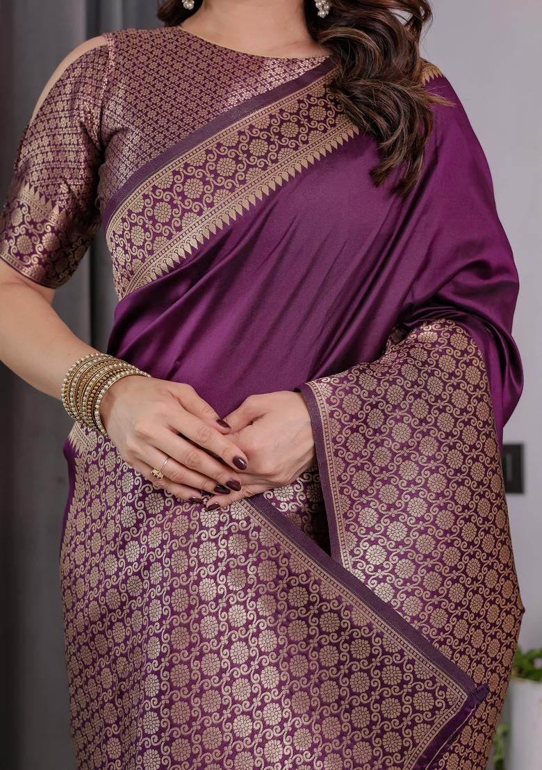 Wine Zari Work Silk Blend Saree Set - Indya