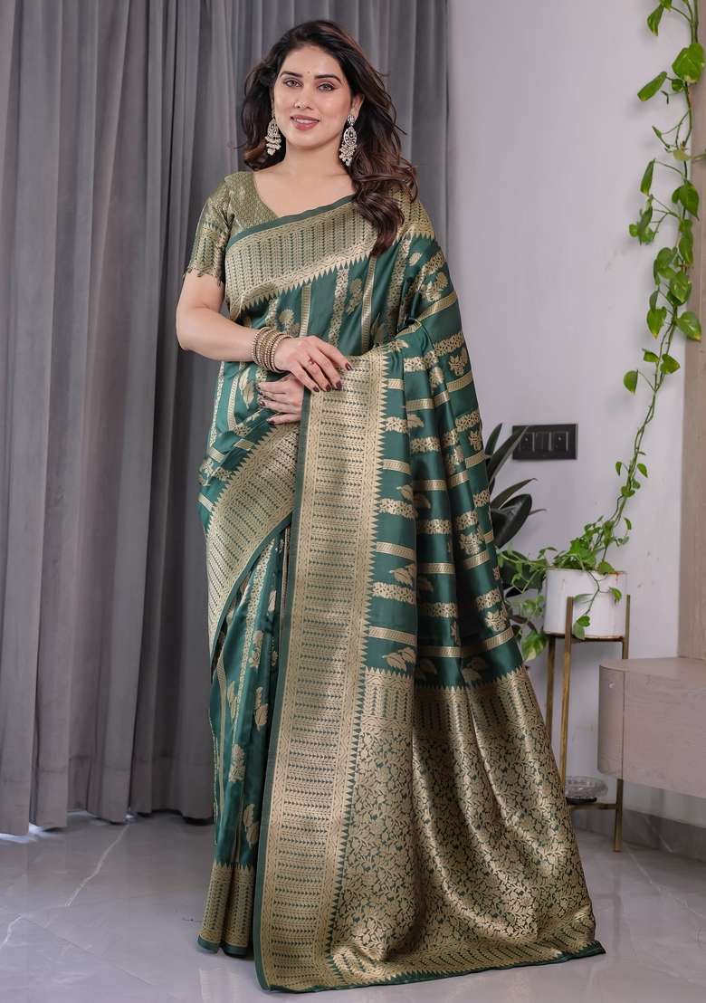 Green Zari Work Silk Blend Saree Set for Diwali and Festive Wear - Indya