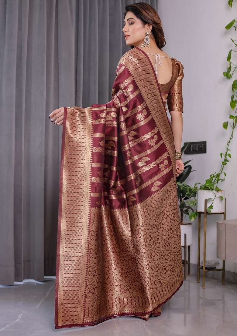 Maroon Silk Blend Saree Set with Zari Work for Diwali | Wedding & Festive Wear - Indya
