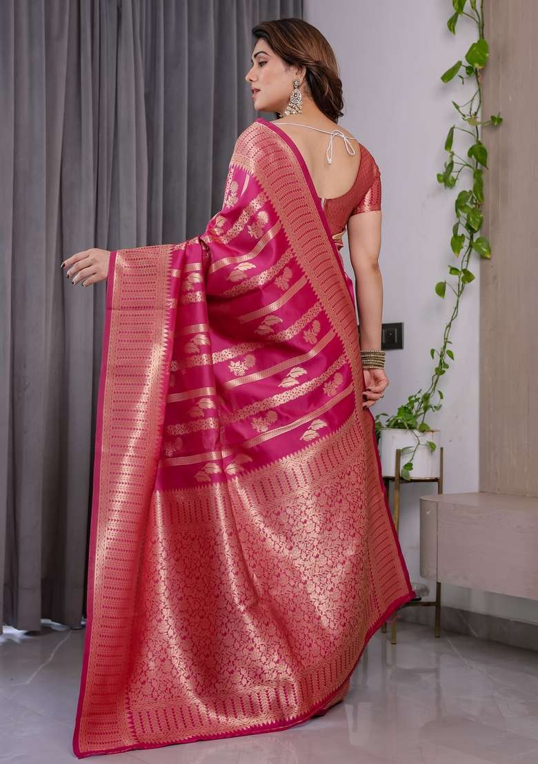 Pink Silk Blend Saree Set with Zari Work for Diwali | Wedding & Festive Wear - Indya