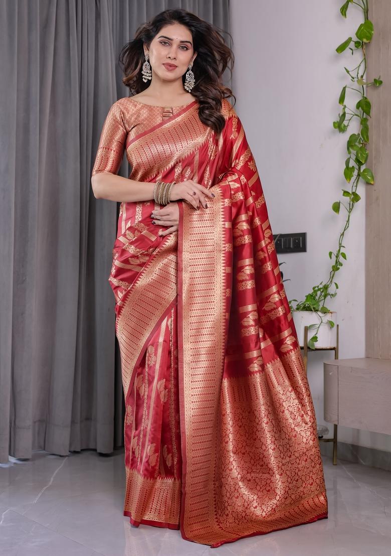 Red Zari Work Silk Blend Saree Set - Indya