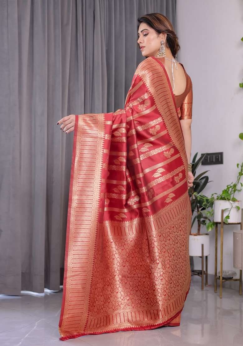 Red Zari Work Silk Blend Saree Set for Diwali and Festive Wear - Indya