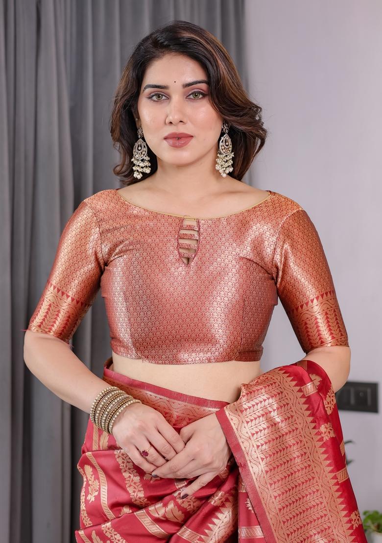 Red Zari Work Silk Blend Saree Set - Indya