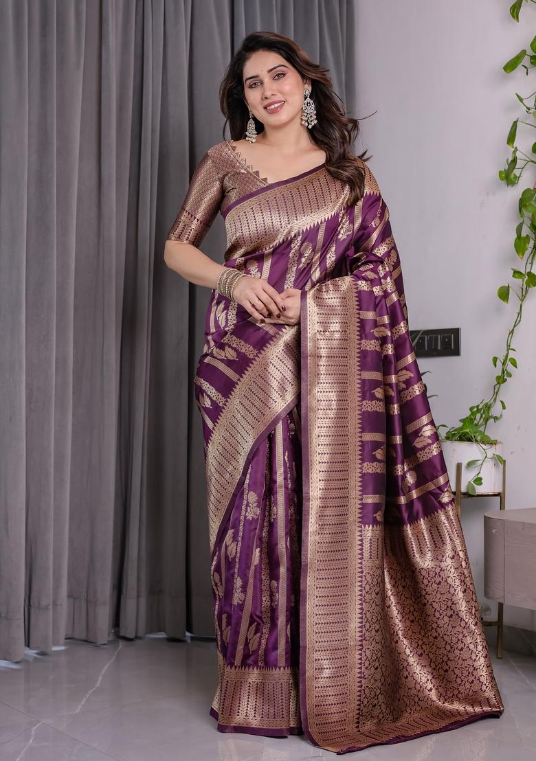 Wine Zari Work Silk Blend Saree Set - Indya
