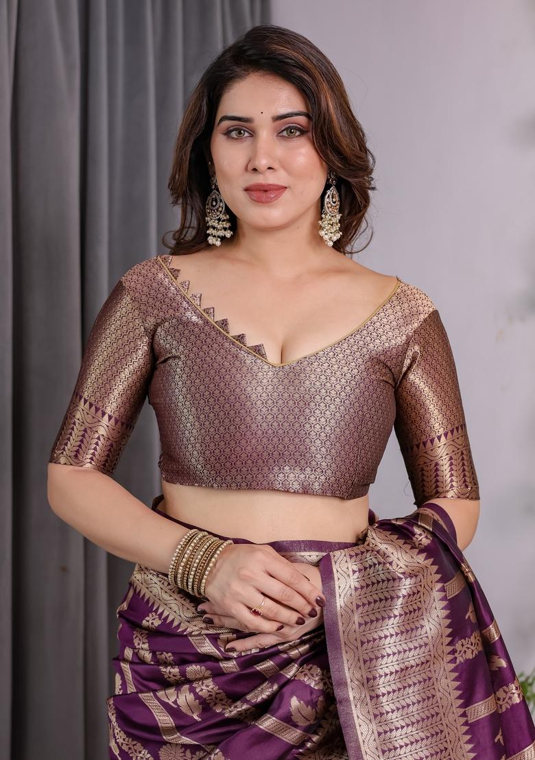 Wine Zari Work Silk Blend Saree Set - Indya