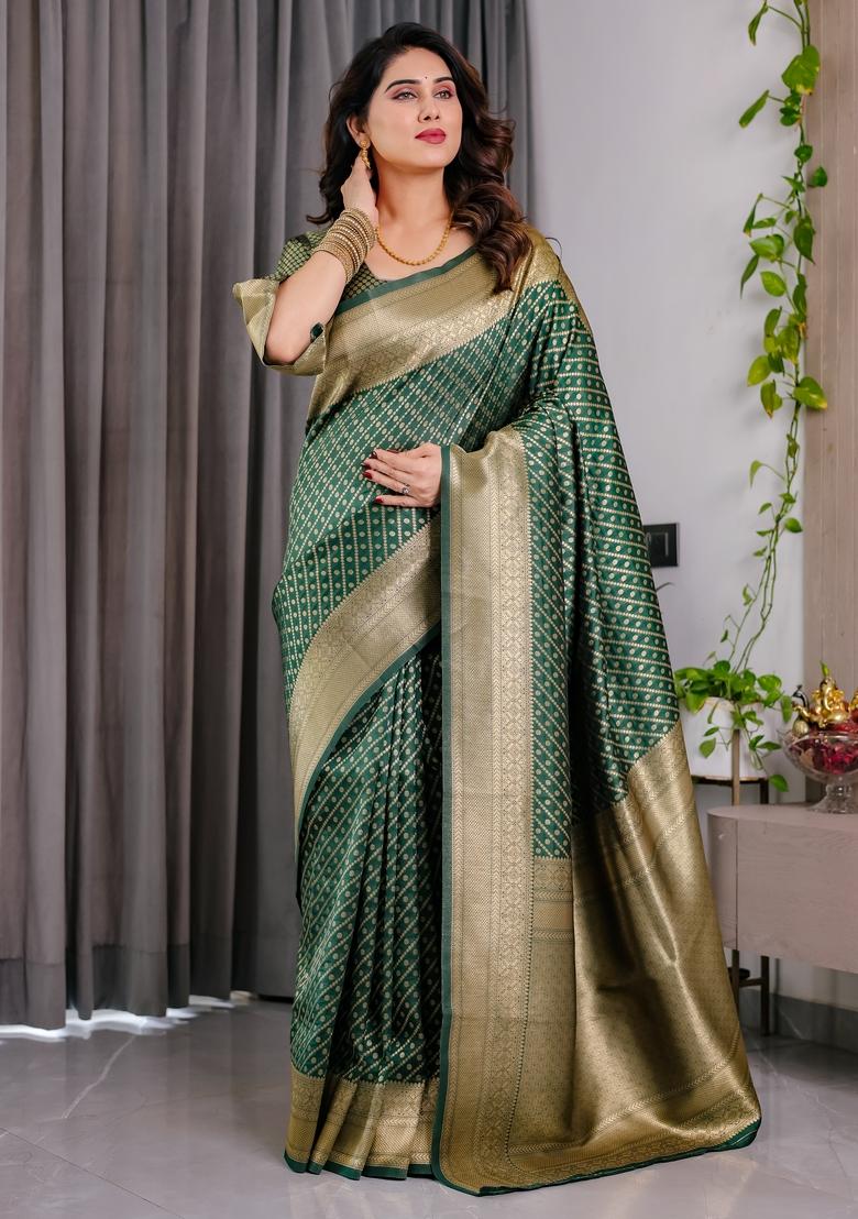Green Zari Work Silk Blend Saree Set - Indya