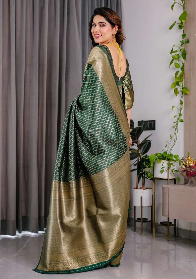 Green Zari Work Silk Blend Saree Set for Diwali and Festive Wear - Indya