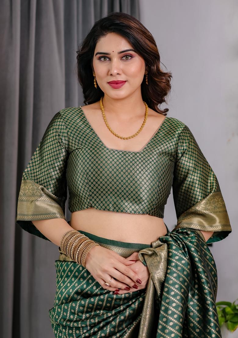 Green Zari Work Silk Blend Saree Set - Indya