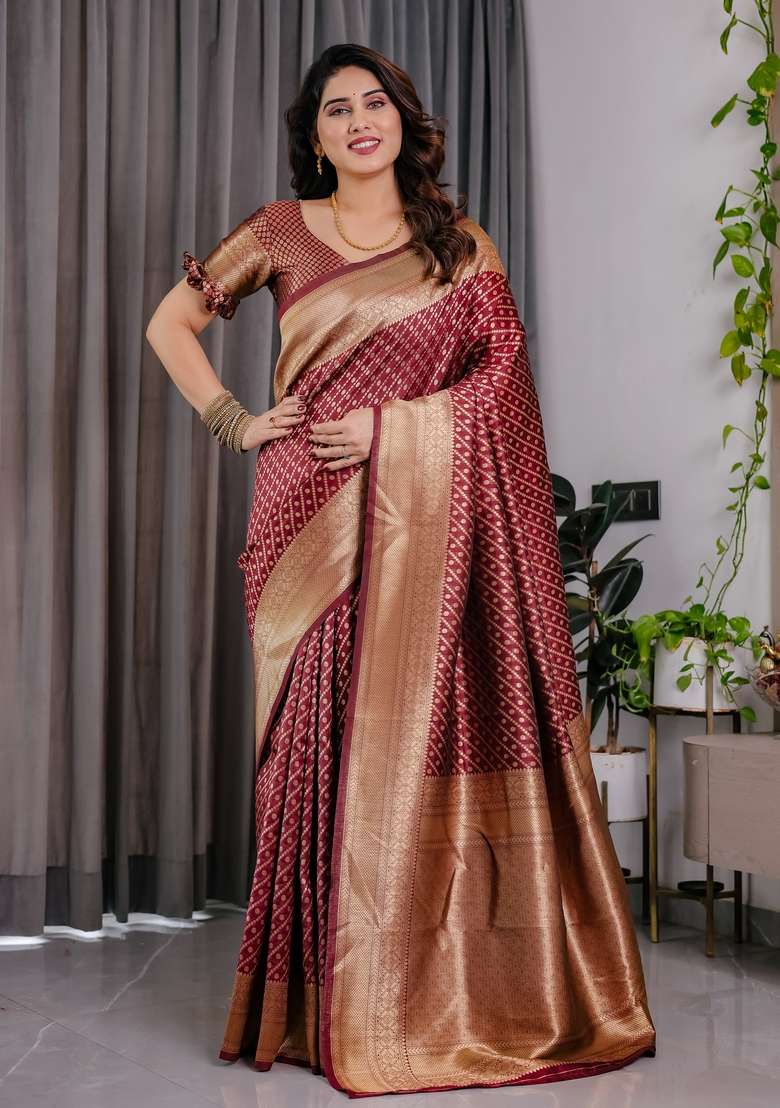 Maroon Silk Blend Saree Set with Zari Work for Diwali | Wedding & Festive Wear - Indya