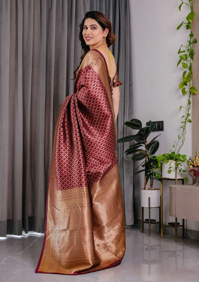 Maroon Silk Blend Saree Set with Zari Work for Diwali | Wedding & Festive Wear - Indya