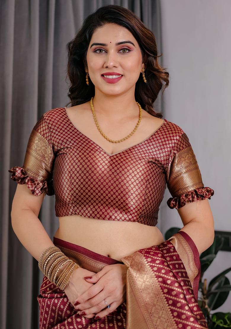 Maroon Zari Work Silk Blend Saree Set - Indya
