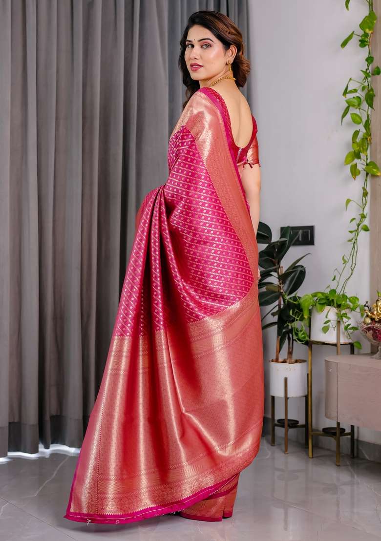 Pink Zari Work Silk Blend Saree Set for Diwali and Festive Wear - Indya