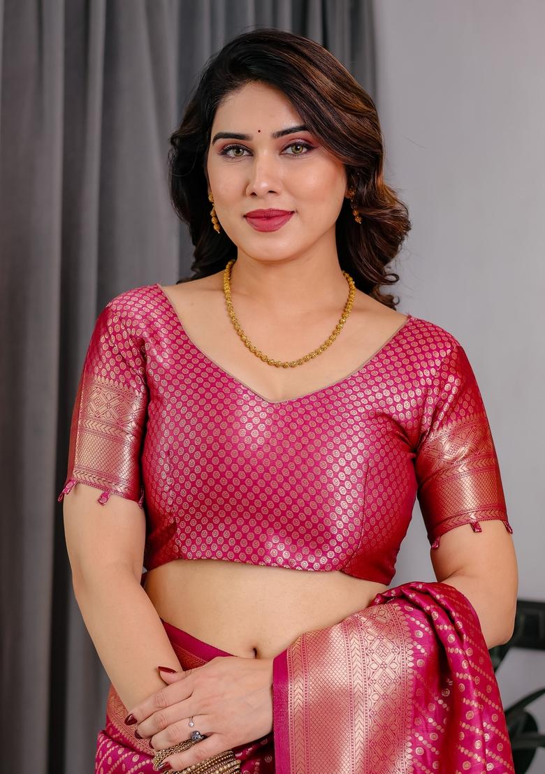 Pink Zari Work Silk Blend Saree Set - Indya