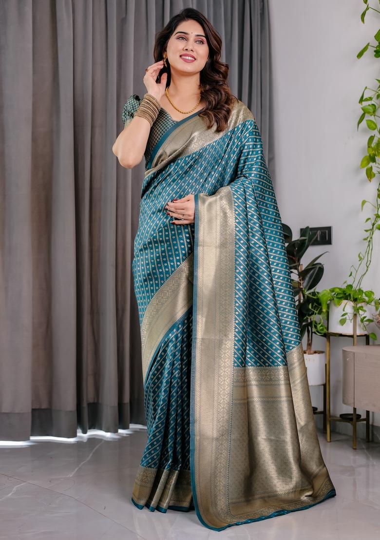 Blue Zari Work Silk Blend Saree Set - Indya