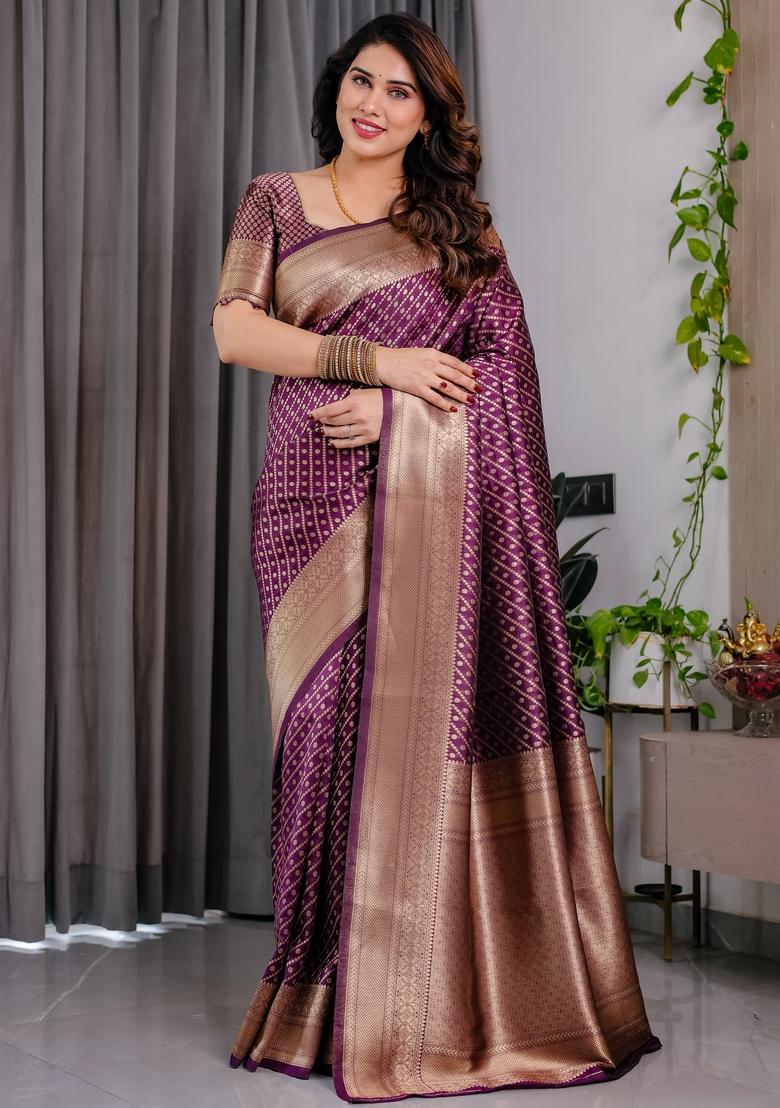 Wine Zari Work Silk Blend Saree Set - Indya