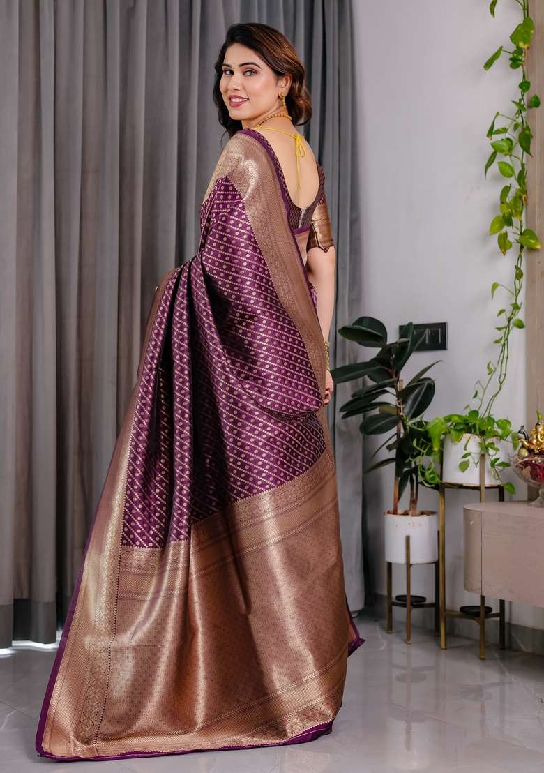 Wine Zari Work Silk Blend Saree Set for Diwali and Festive Wear - Indya