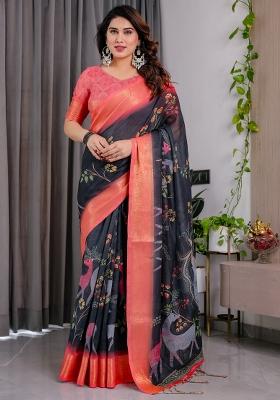 Black Printed Linen Saree Set
