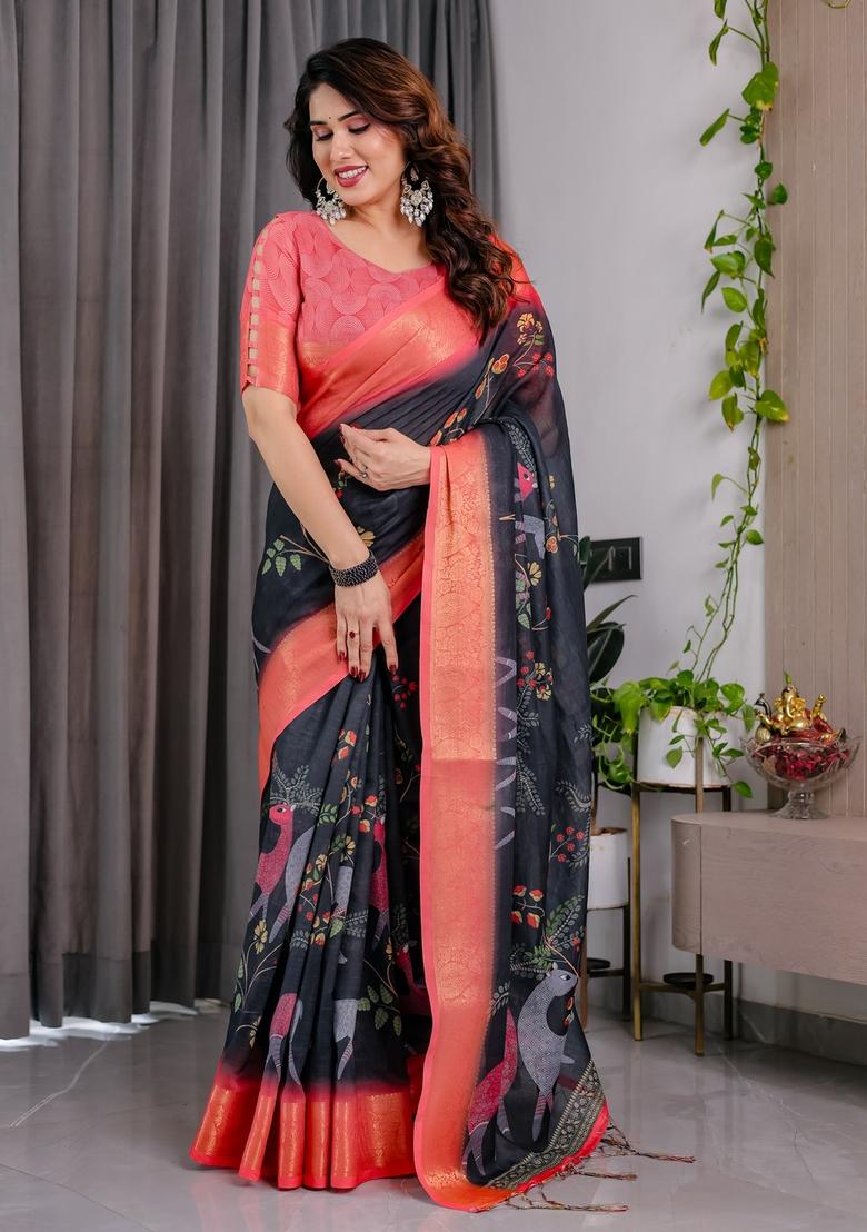 Black Printed Linen Saree Set - Indya