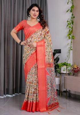 Cream Printed Linen Saree Set