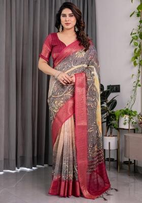 Wine Printed Linen Saree Set