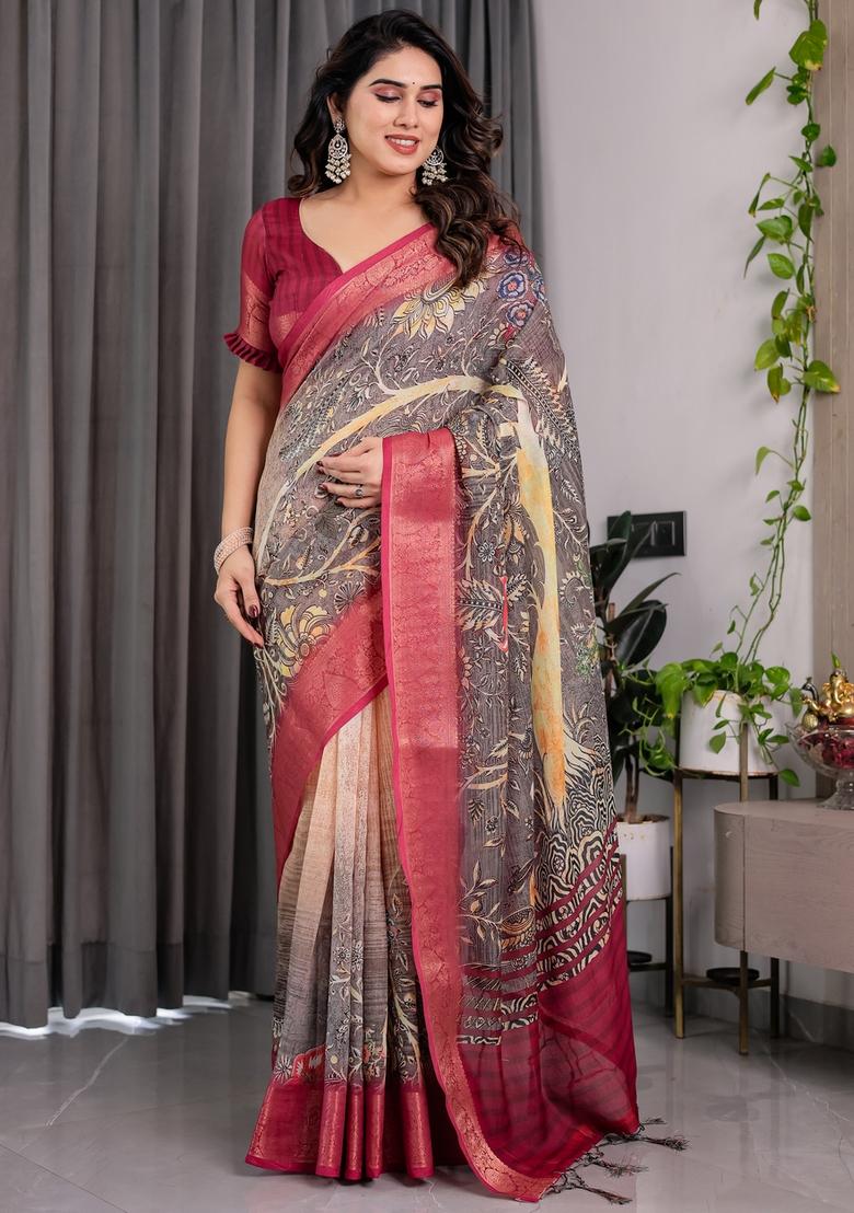 Wine Printed Linen Saree Set - Indya