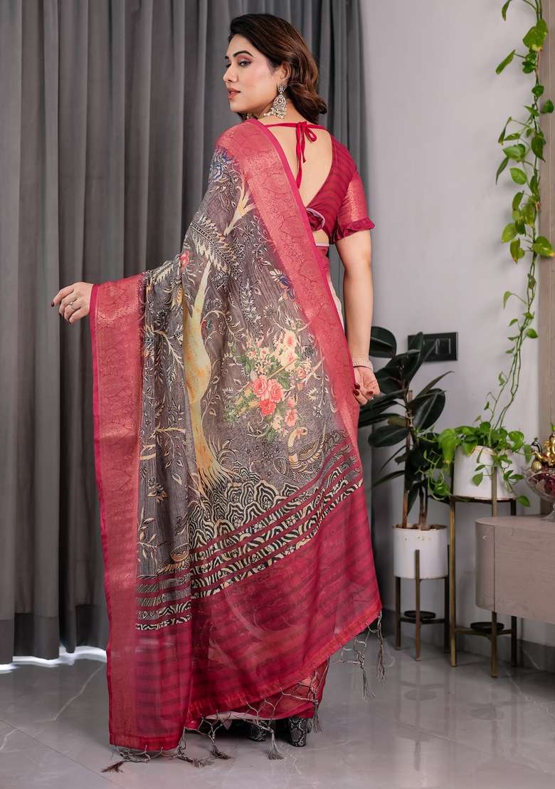 Wine Linen Saree Set with Printed for Diwali | Wedding & Festive Wear - Indya