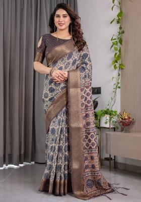 Grey Printed Linen Saree Set