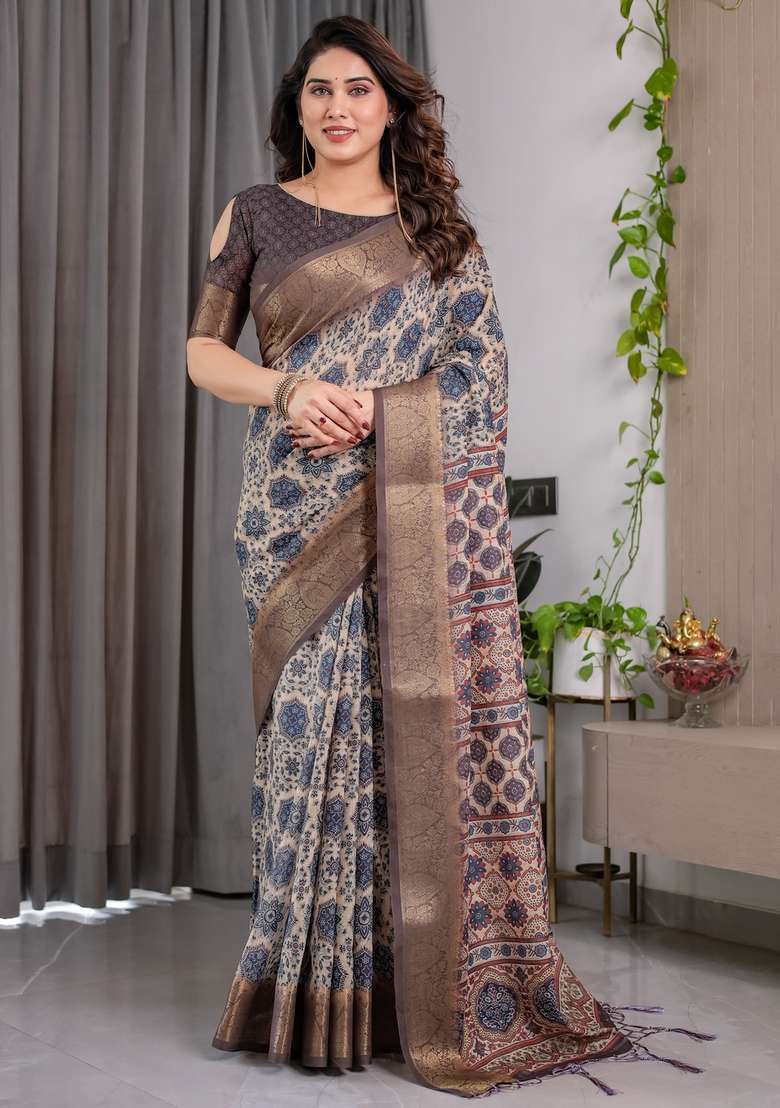 Grey Printed Linen Saree Set for Diwali and Festive Wear - Indya