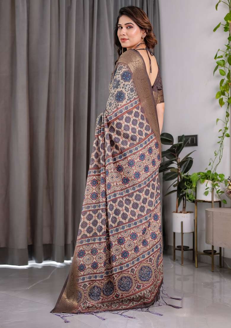 Grey Printed Linen Saree Set for Diwali and Festive Wear - Indya