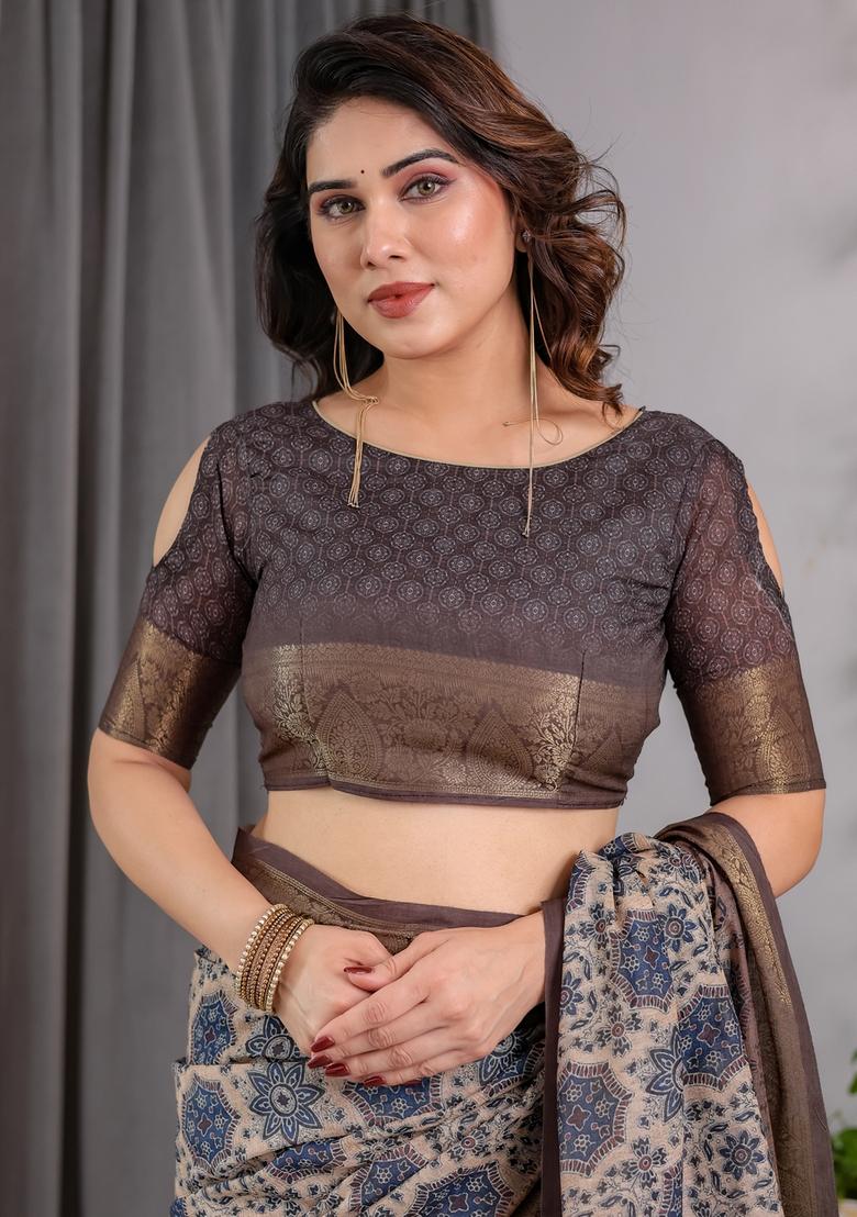 Grey Printed Linen Saree Set - Indya