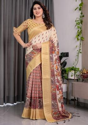 Light Green Printed Linen Saree Set