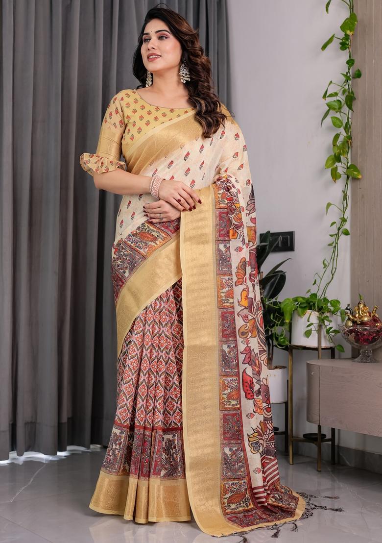 Light Green Printed Linen Saree Set - Indya
