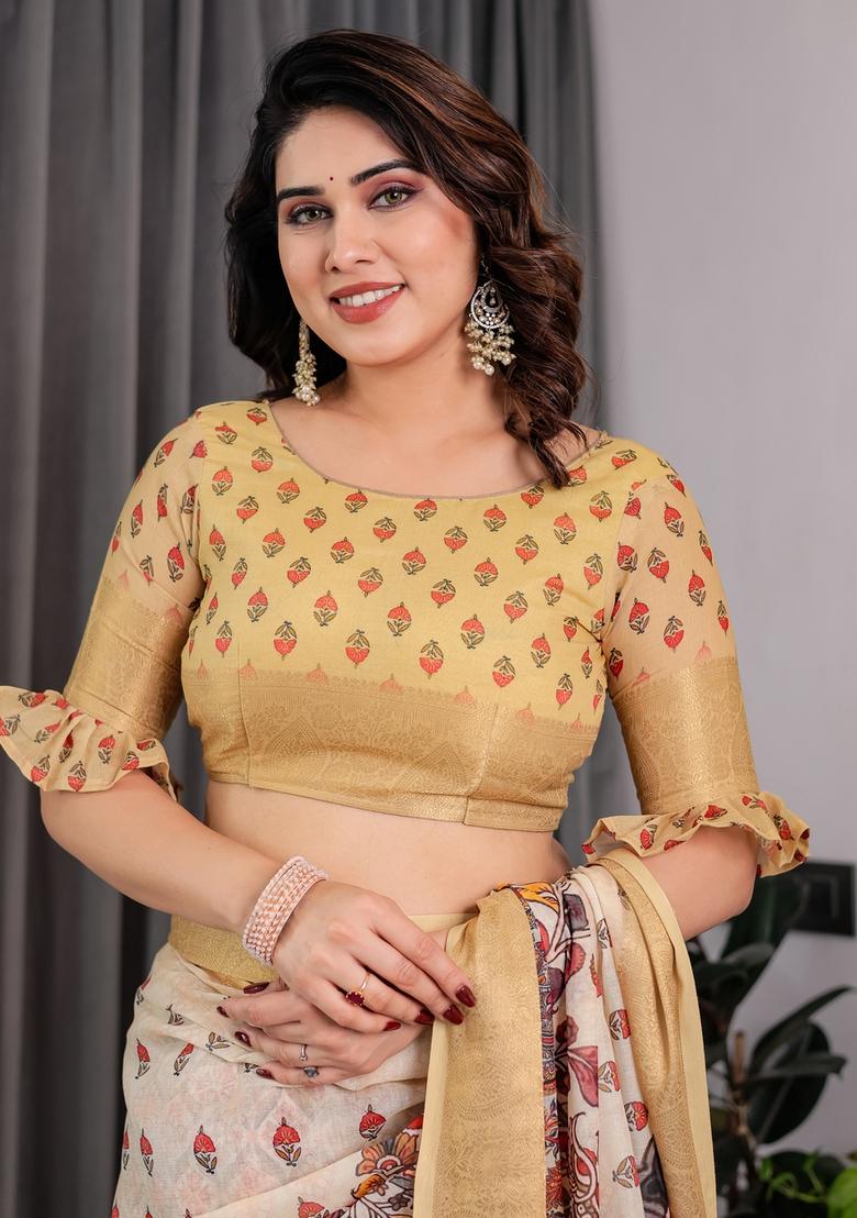 Light Green Printed Linen Saree Set - Indya
