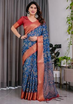 Royal Blue Printed Linen Saree Set