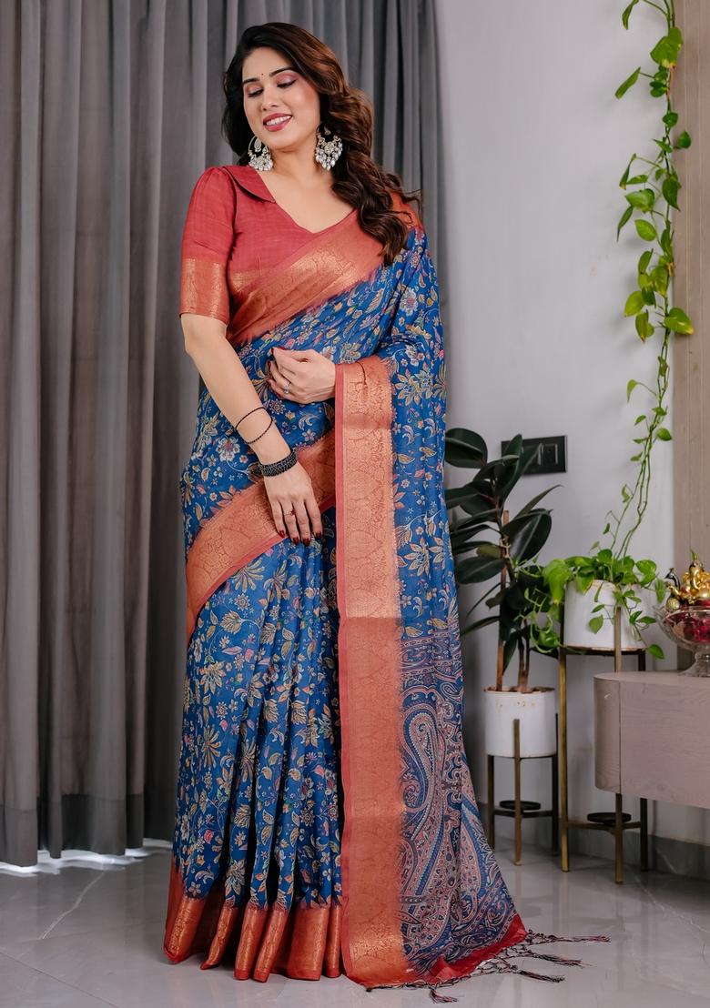 Royal Blue Printed Linen Saree Set - Indya