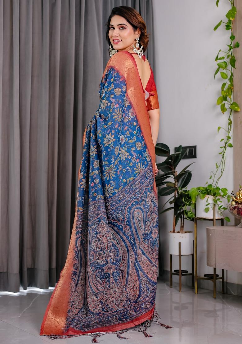 Royal Blue Printed Linen Saree Set - Indya