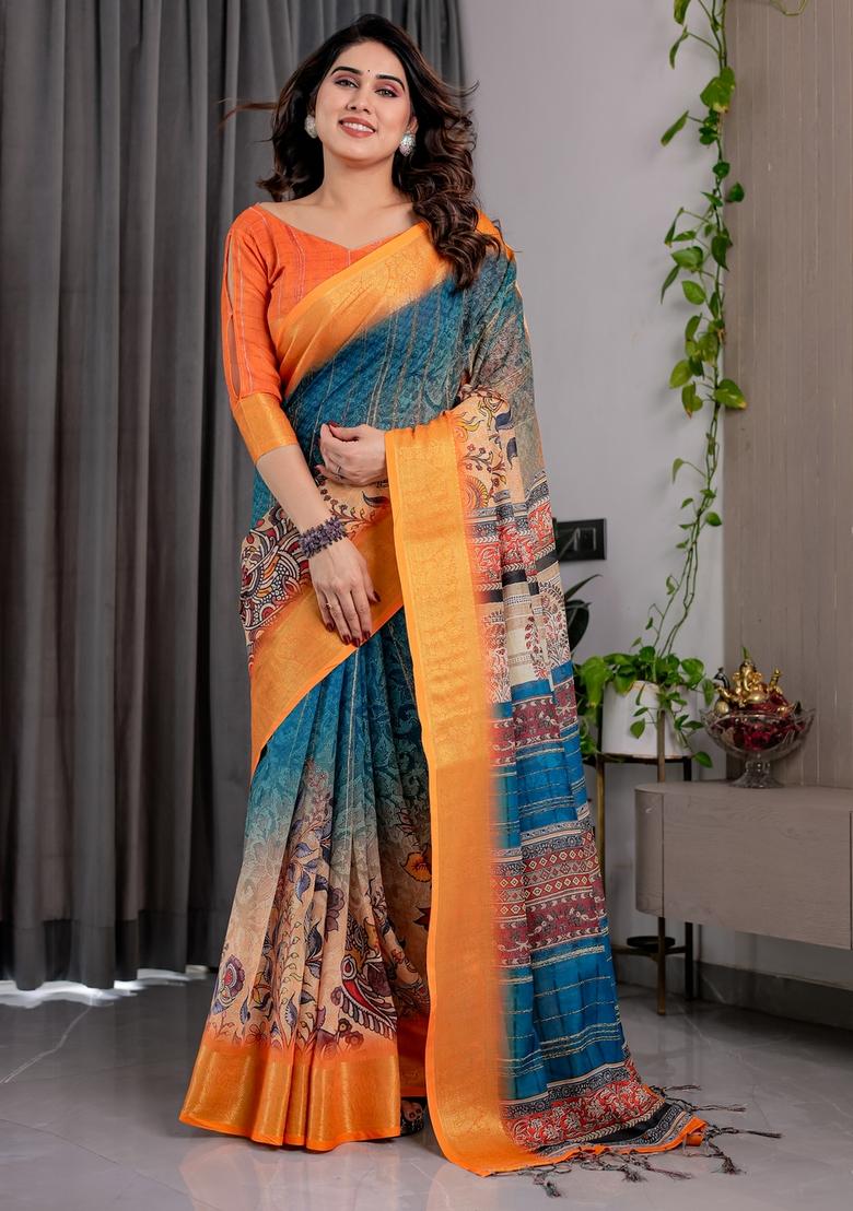 Mustard Printed Linen Saree Set - Indya