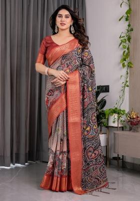 Black Printed Linen Saree Set