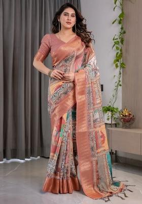 Peach Printed Linen Saree Set
