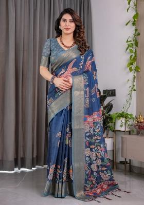 Blue Printed Linen Saree Set